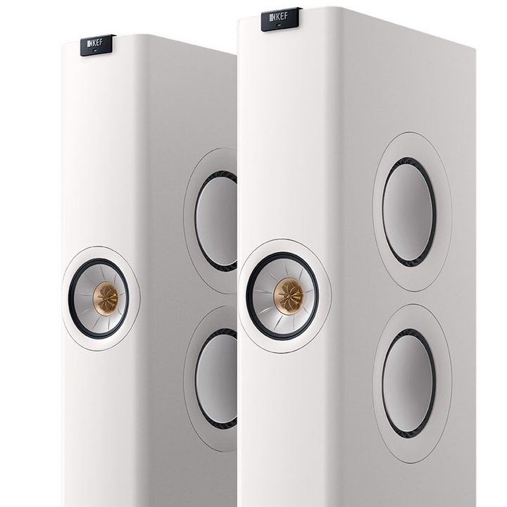 KEF LS60 Wireless Speakers seen in Mineral White.
