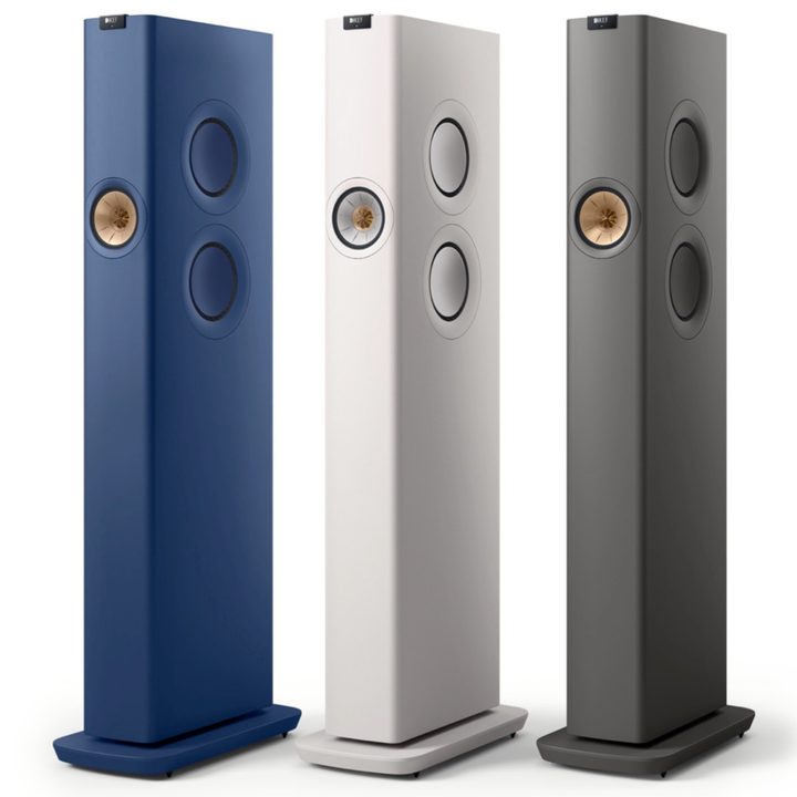 KEF LS60 Wireless Speakers seen in three colors.
