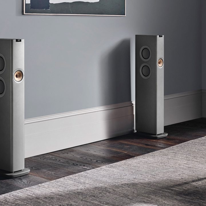 KEF LS60 Wireless Speakers seen in Titanium Grey.