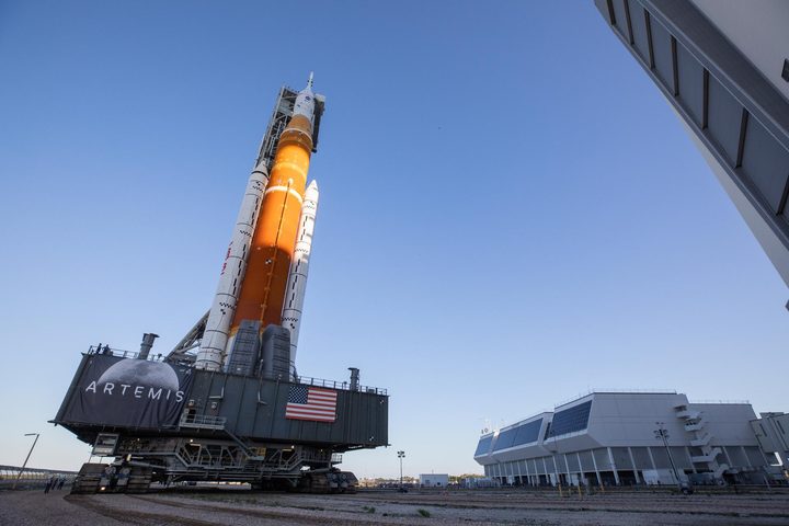 An image of NASA’s moon rocket at the agency’s Kennedy Space Center in Florida, rolling out of the Vehicle Assembly Building for a 4.2-mile journey to Launch Complex 39B on March 17, 2022.
