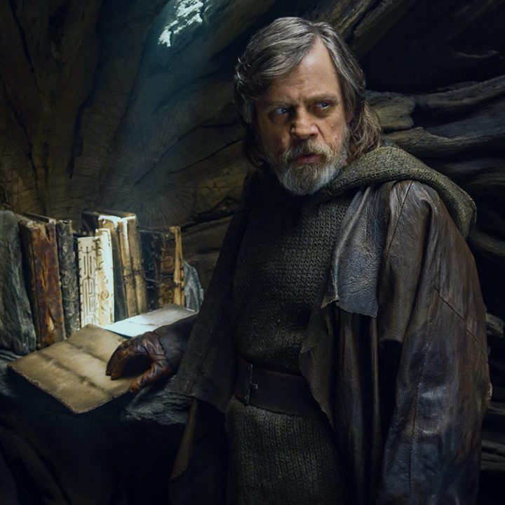 Luke Skywalker with Jedi tomes in The Last Jedi.