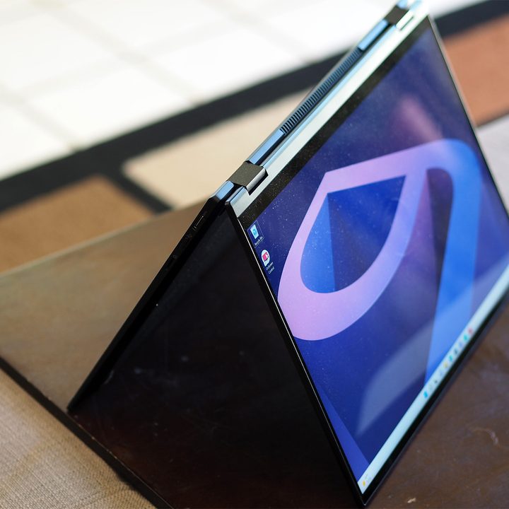 The LG gram 16 2-in-1 in a tent fold.