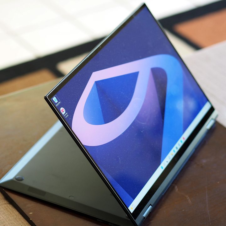 The LG gram 16 2-in-1 folded backwards using the keyboard as a stand.