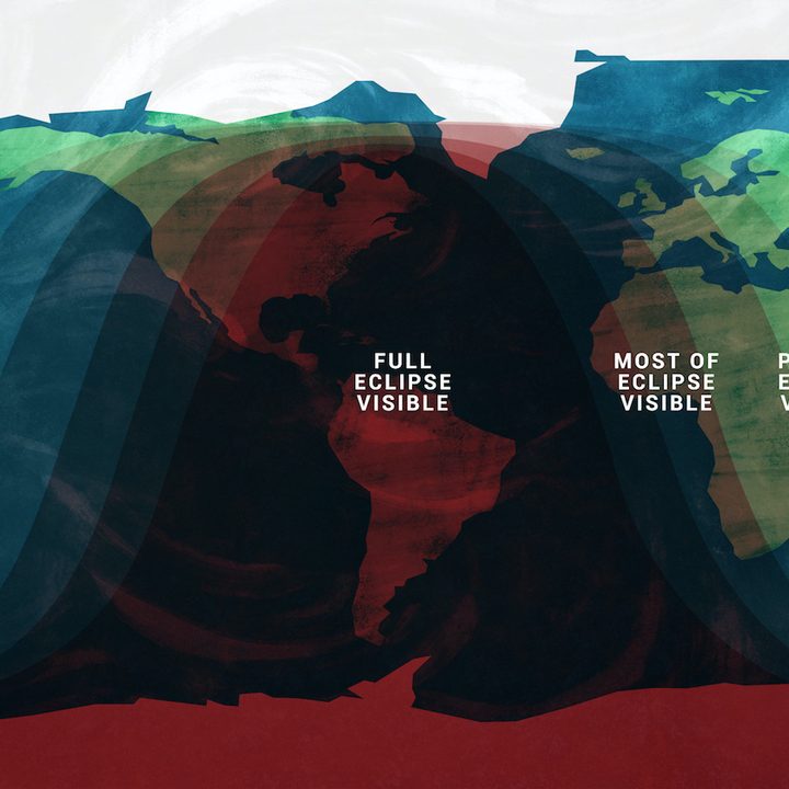 A map showing the parts of the world where May's lunar eclipse will be viewable.