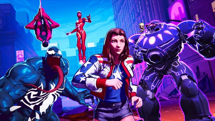 Marvel Snap trailer shot of Miles Morales, America Chaves, Iron Heart, Venom, and Black Panther in a mech.