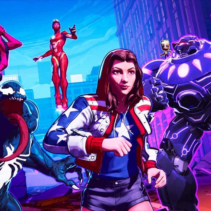Marvel Snap trailer shot of Miles Morales, America Chaves, Iron Heart, Venom, and Black Panther in a mech.