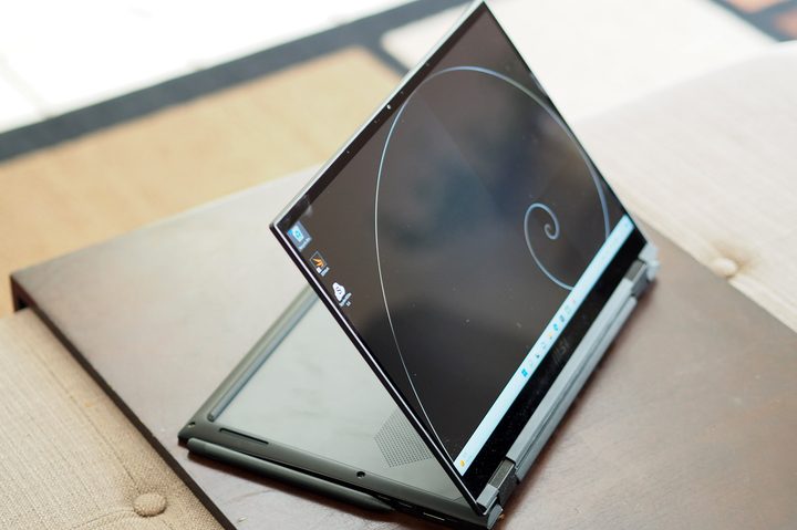 MSI Summit E14 Flip tablet mode using the keyboard as a stand.