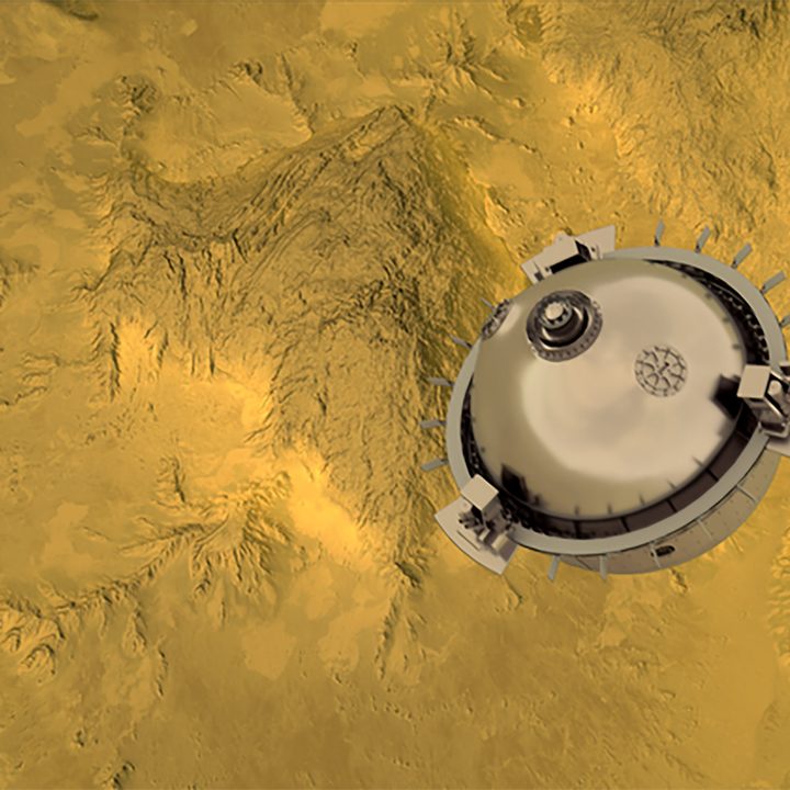 An artists concept of DAVINCI+ on its way to Venus's surface.