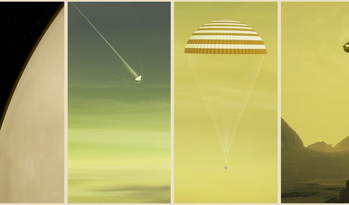 A digital illustration showing the Davinci Probe heading through Venus's atmosphere.