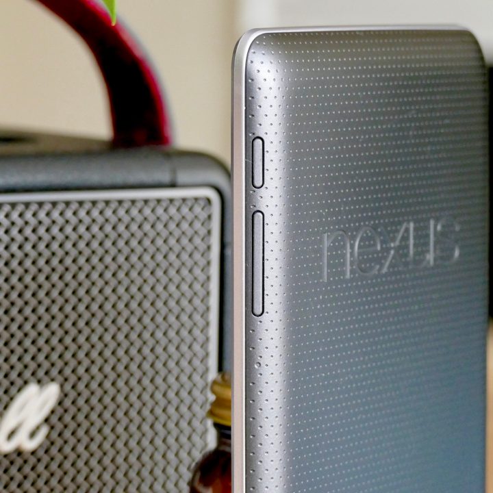 The volume buttons on the side of the Nexus 7.