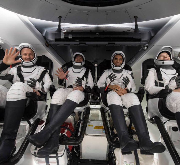 From left to right, ESA (European Space Agency) astronaut Matthais Maurer, NASA astronauts Tom Marshburn, Raja Chari, and Kayla Barron, are seen inside the SpaceX Crew Dragon Endurance spacecraft.