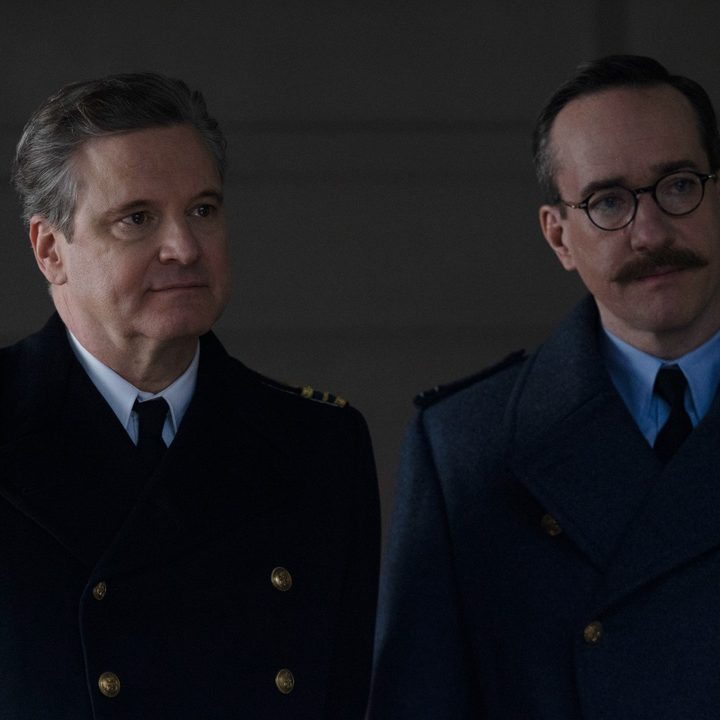 Colin Firth and Matthew Macfadyen are dressed as British officers in World War II in a scene from Operation Mincemeat.