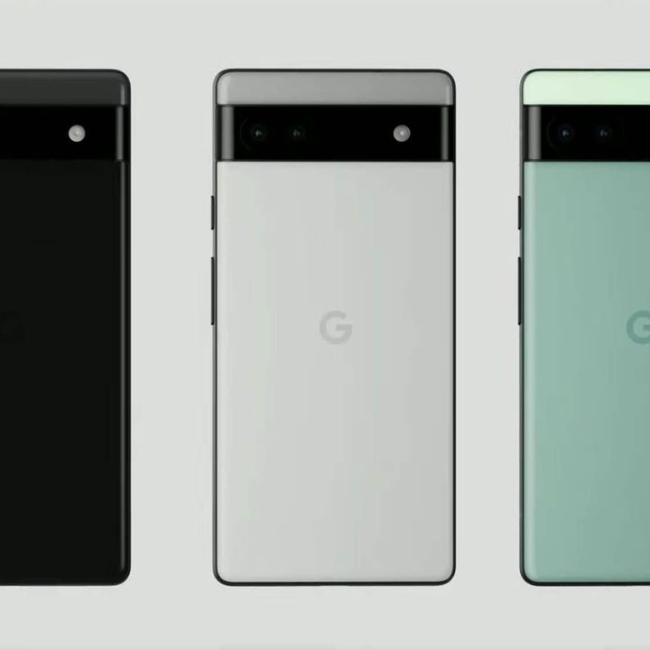 Three Pixel 6a phones lined up, one black, one white, and one green.