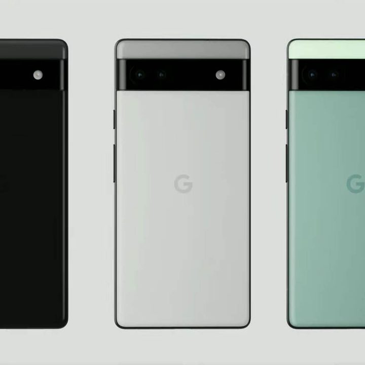 Three Pixel 6As lined up, one black, one white, and one green.