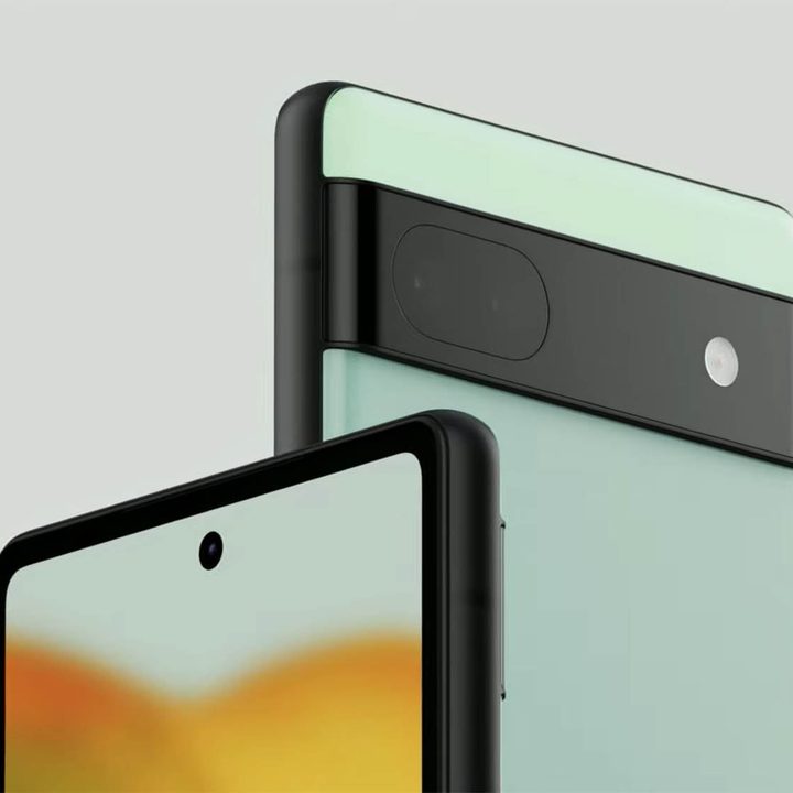 Two green Pixel 6A's, one showing off its rear cameras and the other showing off its display.