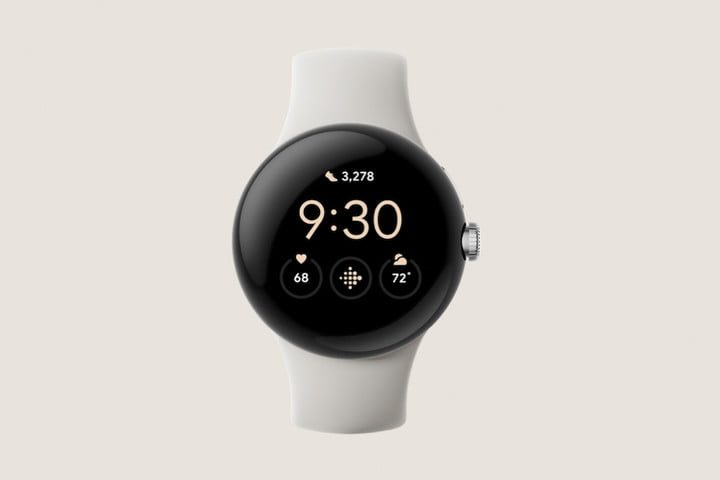 Google Pixel Watch render, showing the screen and a white strap.