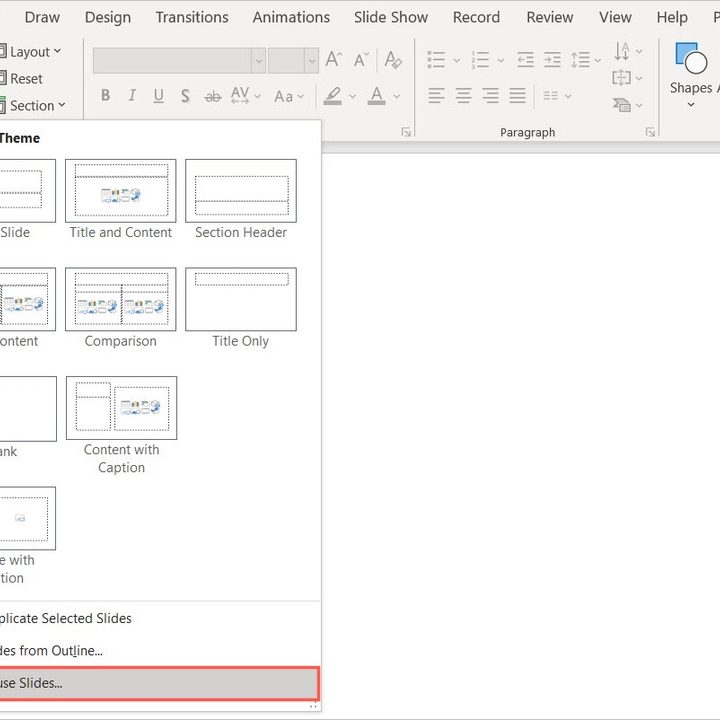 Reuse Slides in the New Slide menu.