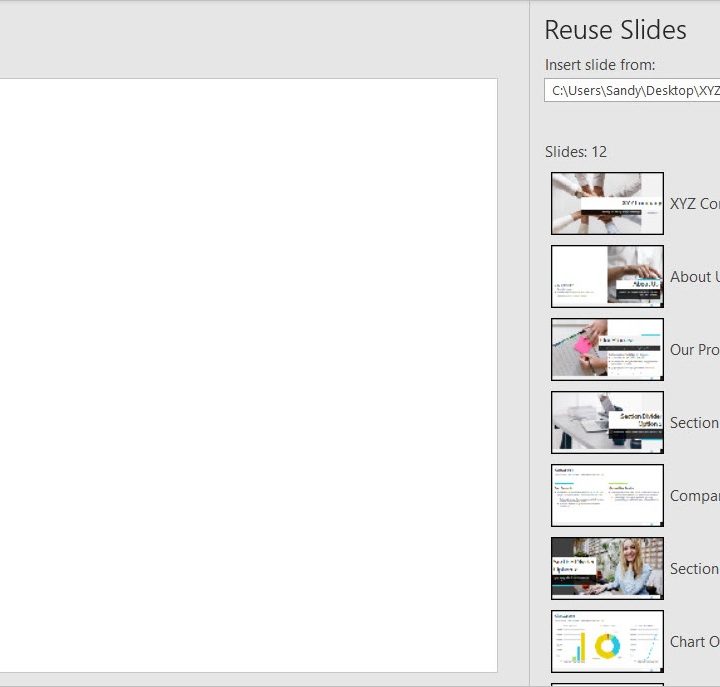 Available slides in the Reuse Slides sidebar.