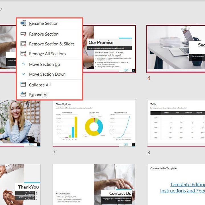 Section action menu in PowerPoint.