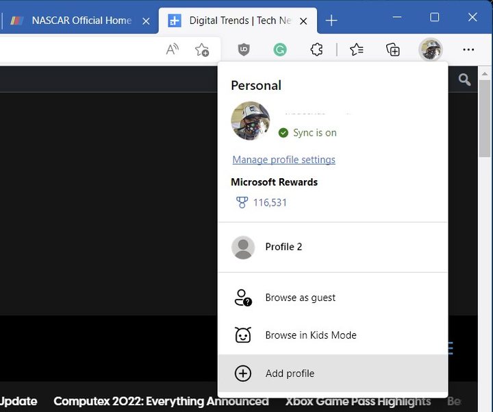 profile menu in microsoft edge