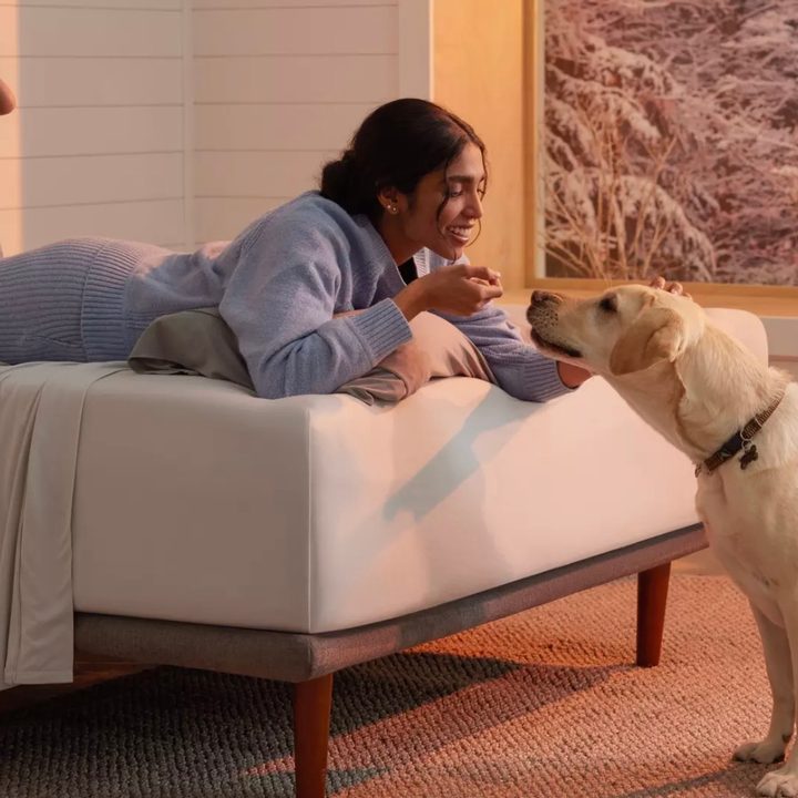 A woman lies on a Purple mattress while playing with a dog.
