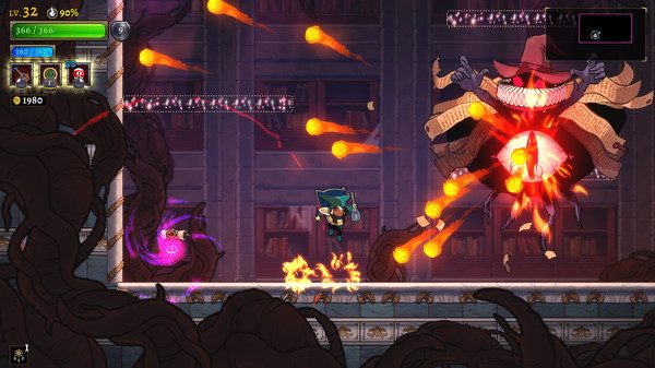 A hero fights an eyeball boss in Rogue Legacy 2.