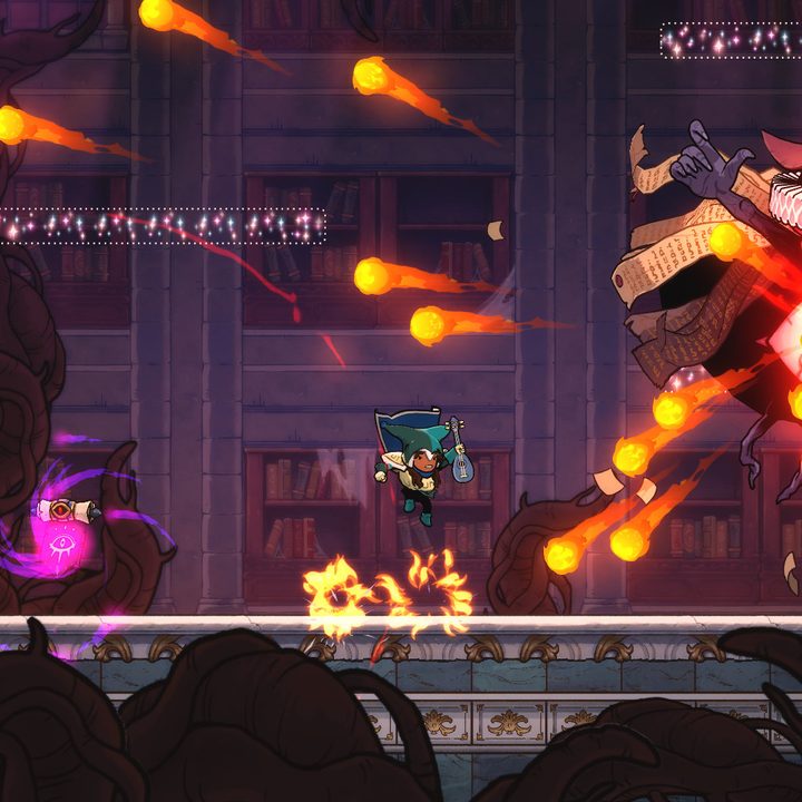 A hero fights an eyeball boss in Rogue Legacy 2.