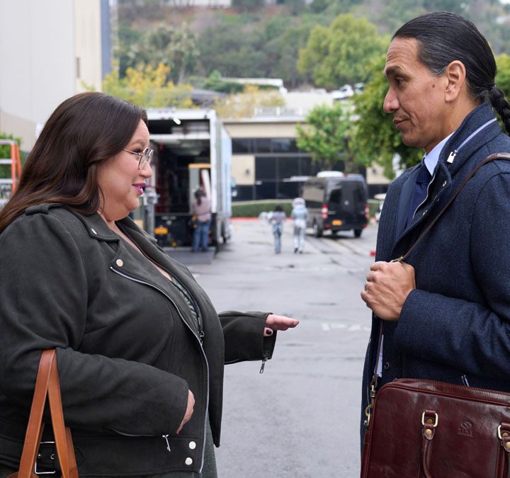Jana Schmieding and Michael Greyeyes in Rutherford Falls.