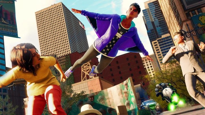 The main character of Saints Row glides in a wingsuit.