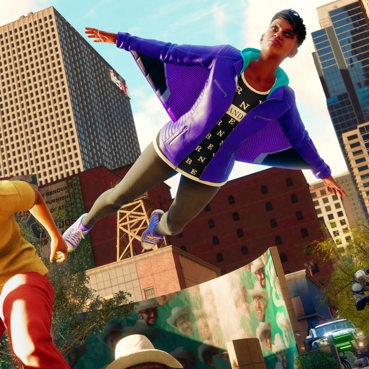 The main character of Saints Row glides in a wingsuit.