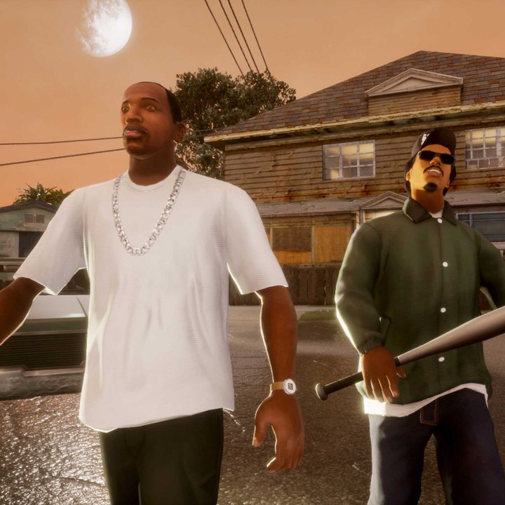 CJ and Rider walking in Grand Theft Auto: San Andreas – The Definitive Edition.