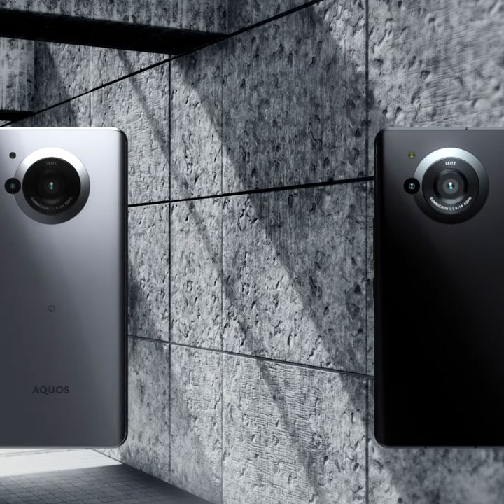 Two Sharp Aquos R7s floating with their massive 1-inch cameras being showcased.