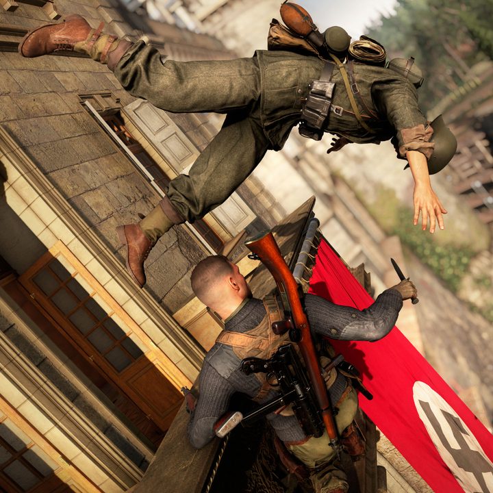 A Nazi gets thrown out a window in Sniper Elite 5.