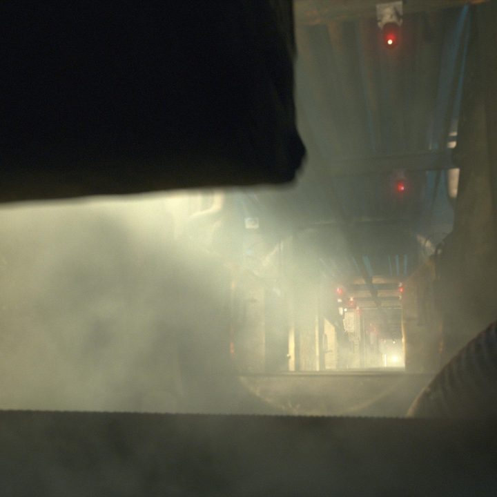 A finished visual-effects image of the interior of the train from the Snowpiercer series.
