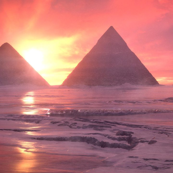 An image of snow-covered pyramids from the Snowpiercer series.