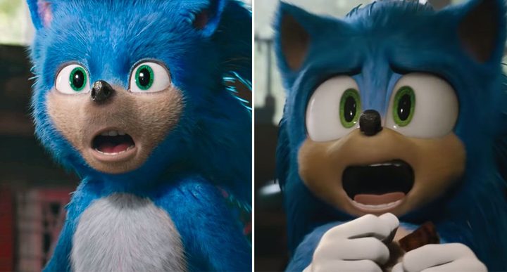 A split image showing the original animation style vs the final animation style for the 2020 Sonic the Hedgehog movie.