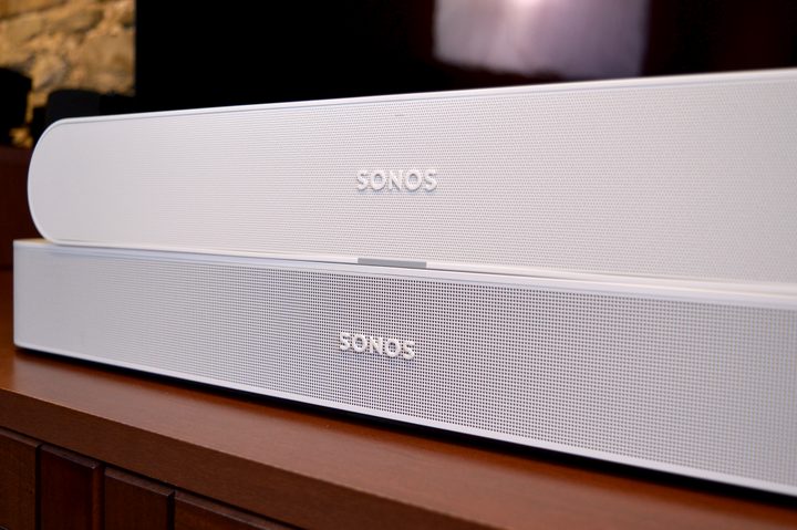 Sonos Ray seen stacked on top of a Sonos Beam Gen 2.