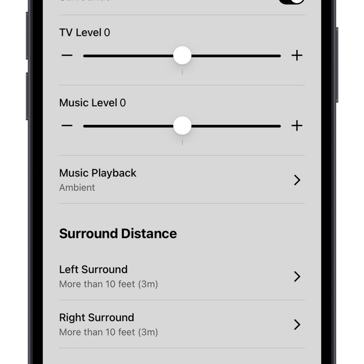Sonos Ray surround speaker settings screen in the Sonos app.