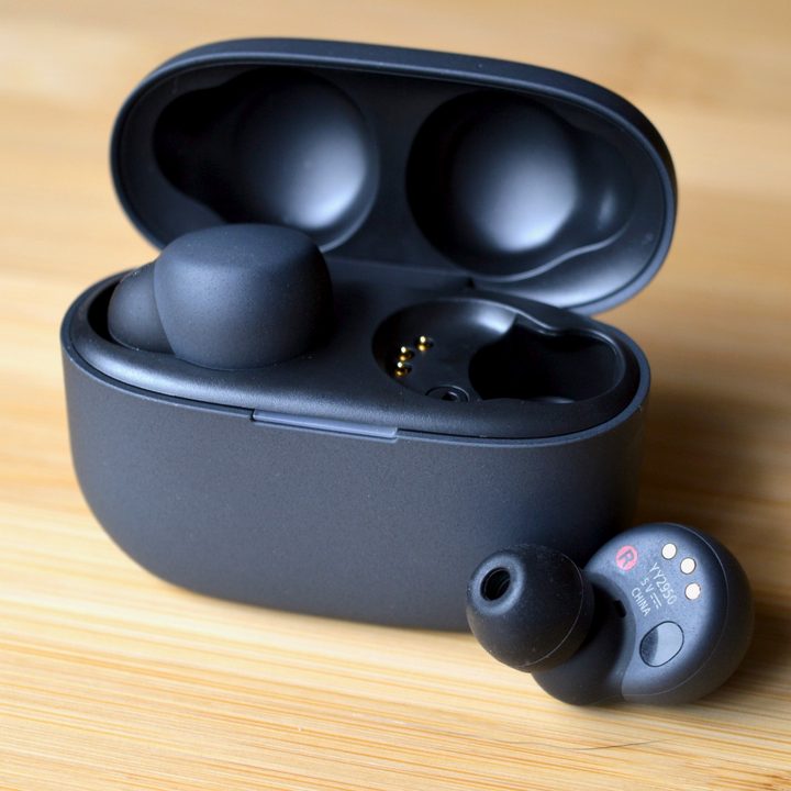 One Sony LinkBuds S in front of the case.