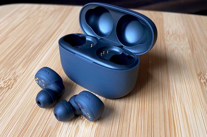 Sony LinkBuds S in front of their case.