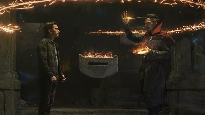 Peter with Doctor Strange as the latter casts a spell in "Spider-Man: No Way Home."