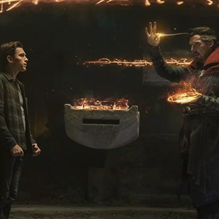 Peter with Doctor Strange as the latter casts a spell in No Way Home.