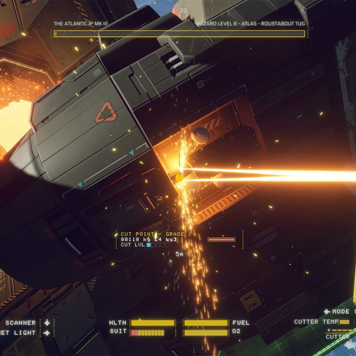 A shipbreaker cuts into a ship in Hardspace: Shipbreaker.