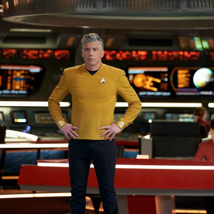 Anson Mount as Christopher Pike stands on the bridge of the USS Enterprise in a scene from Star Trek: Strange New Worlds.