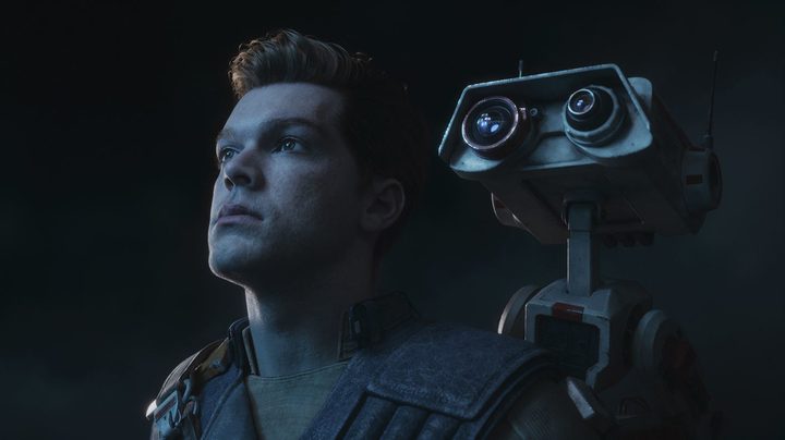 Cal Kestis with BD-1 droid on his shoulder.