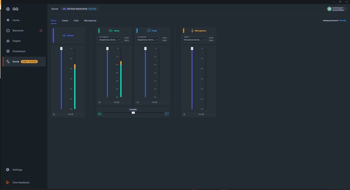 Steelseries Sonar software in the mixer view.