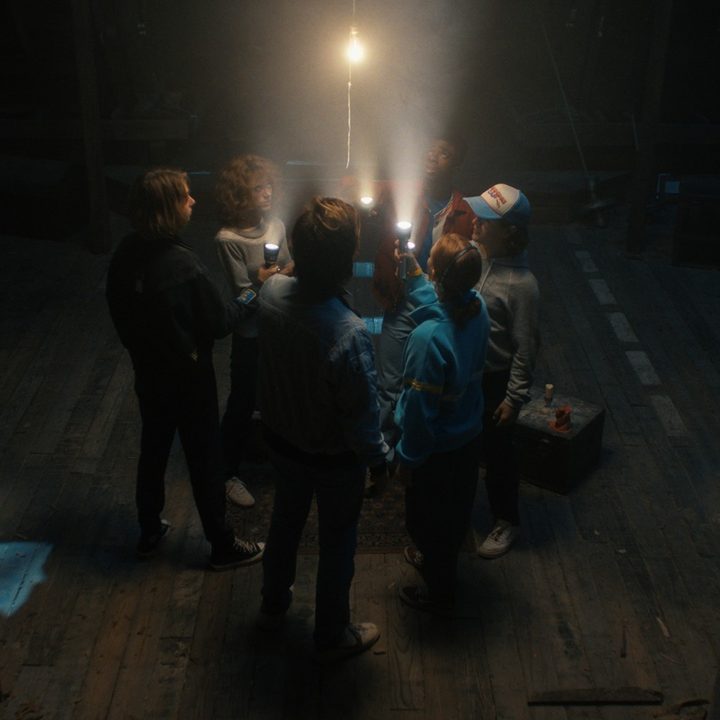 The cast of Stranger Things holds up lights in a dark attic, gathered in a circle.
