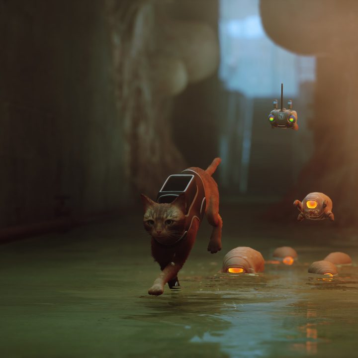 A cat runs away from creatures in Stray.