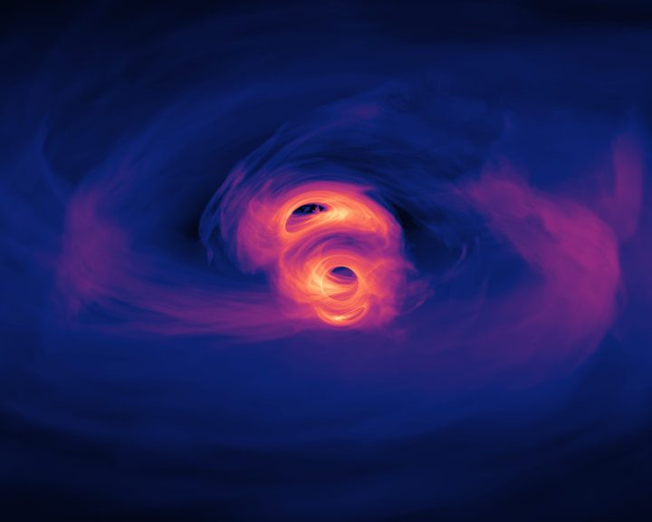 These two black holes are just 40 orbits away from merging in this simulation of the light their environment emits as they dance.