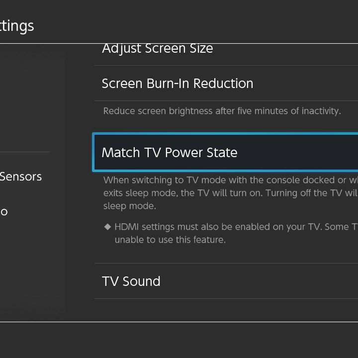 Nintendo Switch system settings let you match the TV's power state.